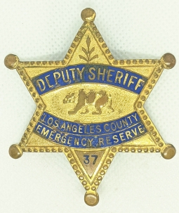 Rare Mid-Late 1940s Los Angeles County Deputy sheriff Emergency Reserve Badge #37 by Entenmann